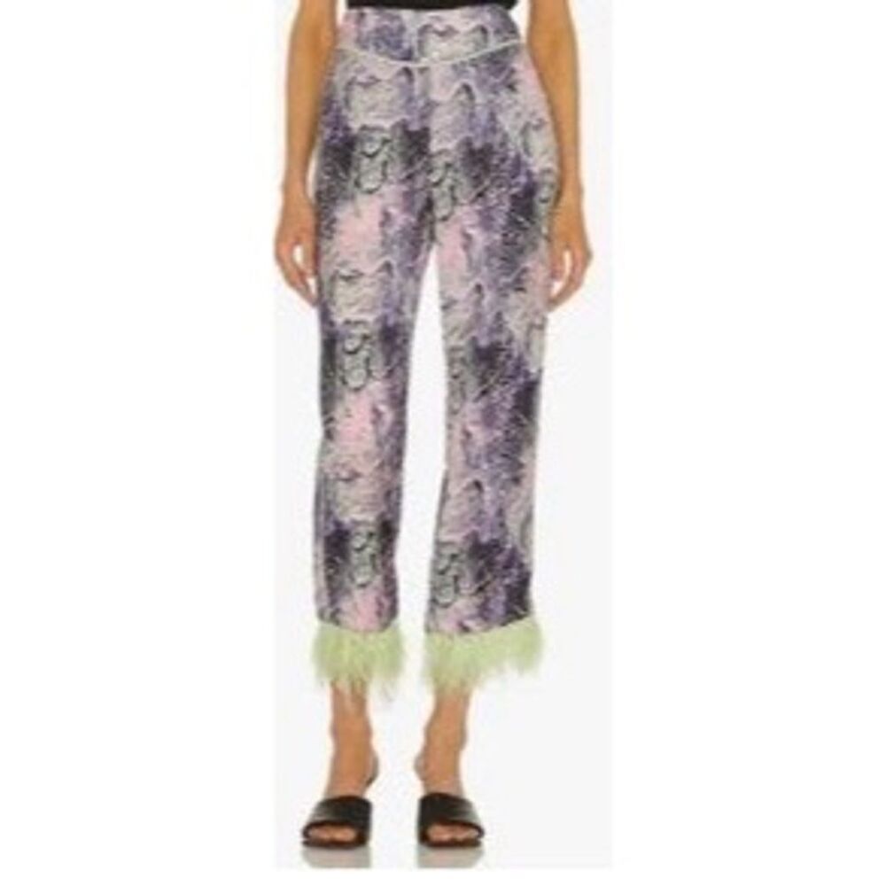 Le Superbe NWT Minted Feather Trim Pants in Purple Snakeskin Size 8